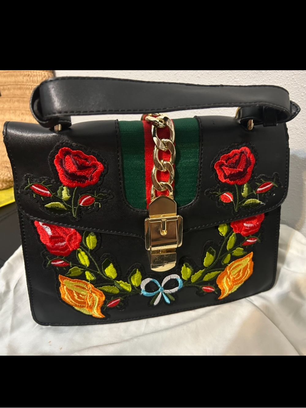 Black Floral Embroidered Shoulder Bag with Gold Hardware